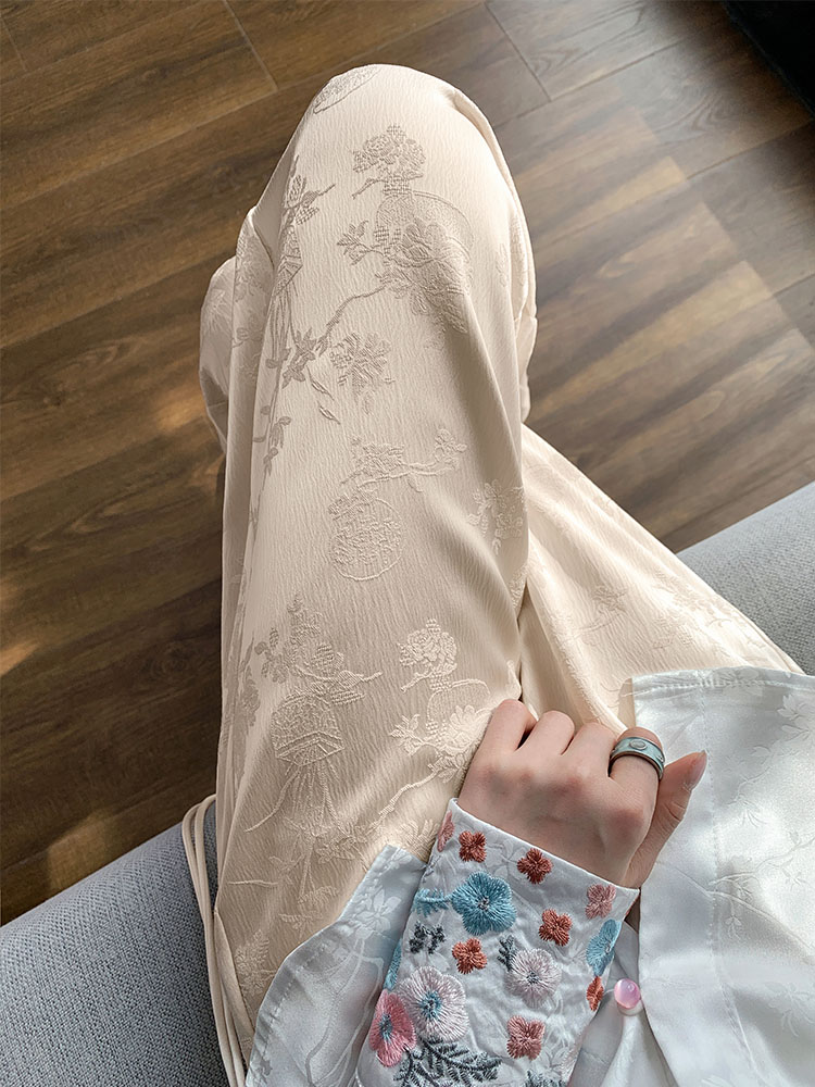 實拍，立體腰頭#醋酸緞面提花闊腿褲女2025早春新款復古休閒