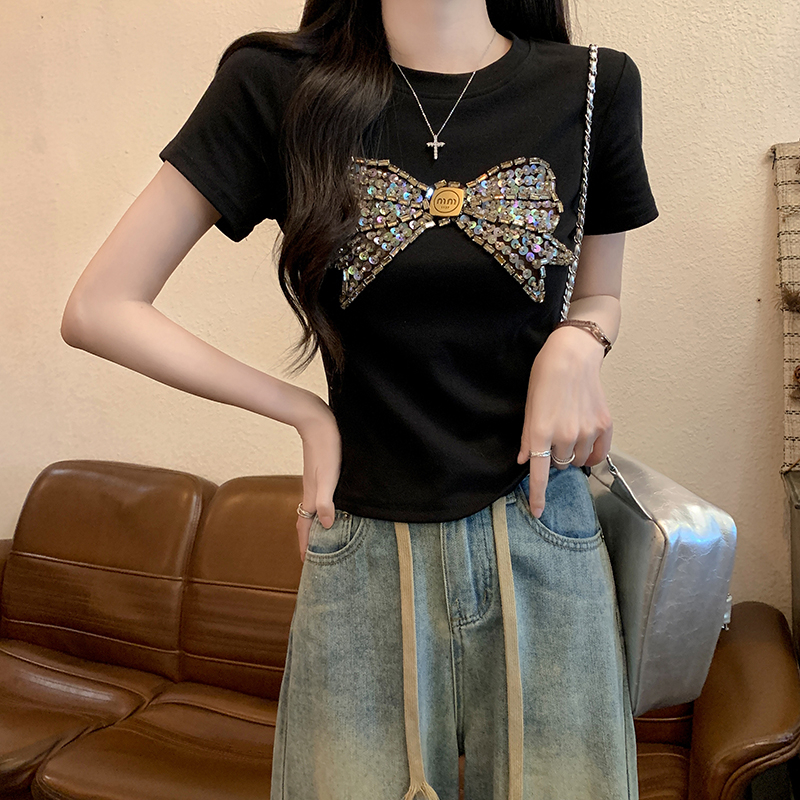實拍1*1螺紋210克短袖t恤女夏2025手工串珠修身正肩圓領韓版上衣