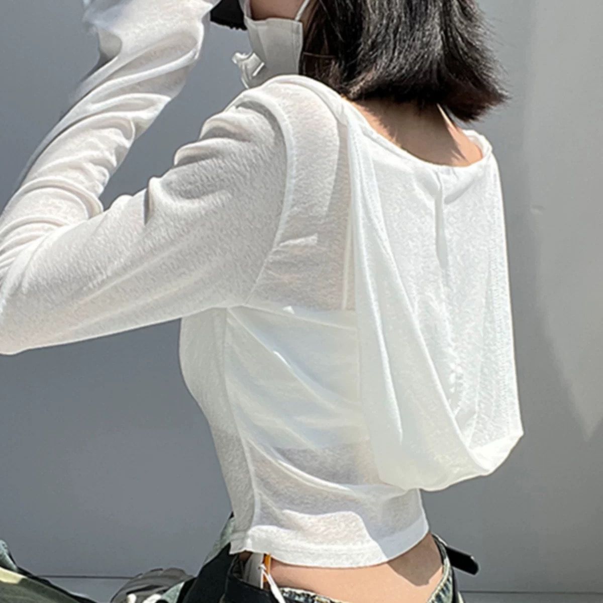 拽酷辣妹風性感長袖連帽T恤女夏季廢土風個性設計感短款露臍上衣