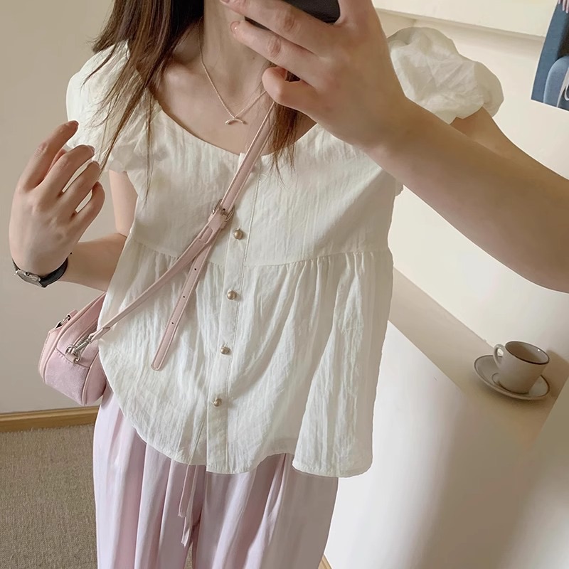 甜美設計感紐扣小襯衫女夏季新款氣質娃娃衫上衣減齡款