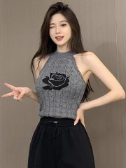 乾枯玫瑰半高領掛脖吊帶背心女夏外穿設計感小眾修身短款針織上衣