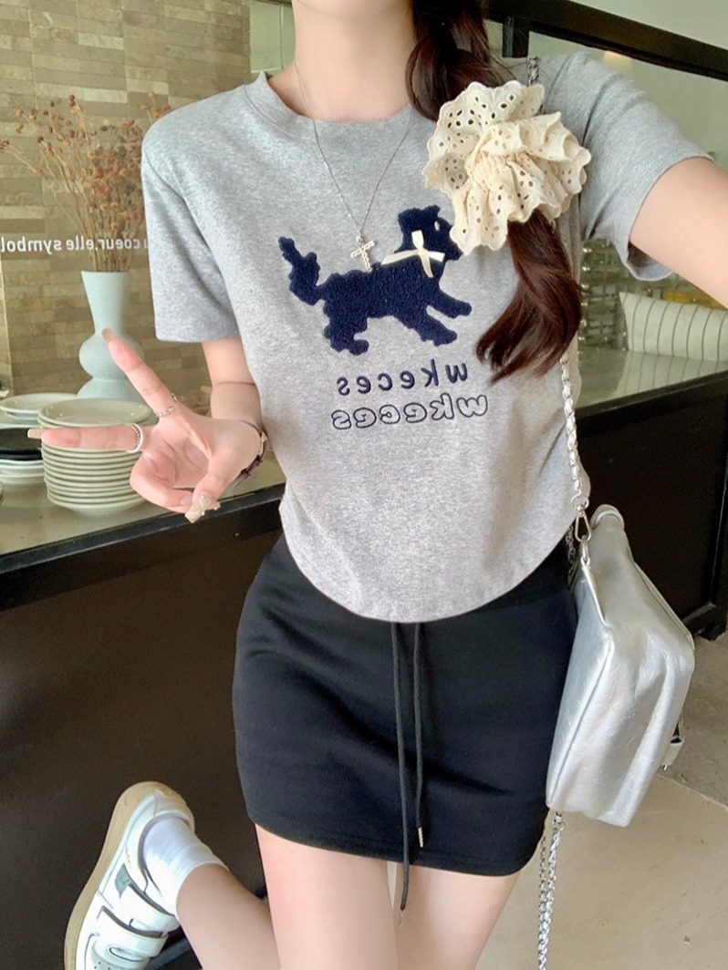 Real shot 1*1 thread 210g short-sleeved T-shirt summer 2025 trendy embroidered front shoulder slim short round neck top for women