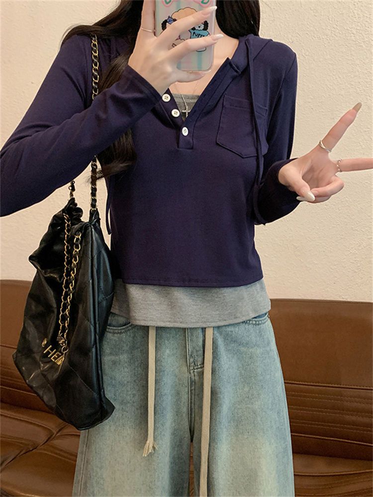 假兩件連帽長袖t恤正肩修身小眾絕美顯瘦上衣女