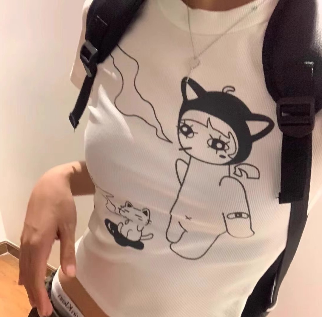 High-quality pure cotton 210g 40 Odale with elastic front printed slim short-sleeved T-shirt for women