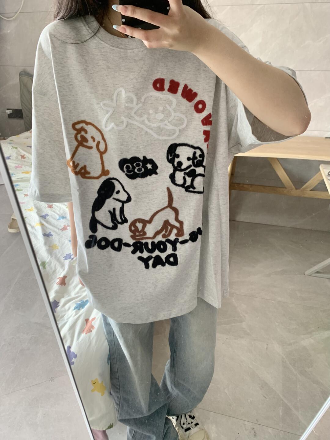 High-quality pure cotton 200g combed tight 100% cotton live broadcast same product front printed loose short-sleeved T-shirt for women