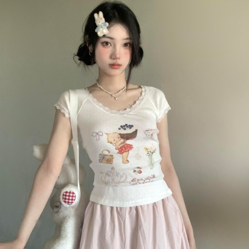 甜美可愛蕾絲花邊正肩短袖t恤女夏季設計感小眾bm風辣妹修身上衣