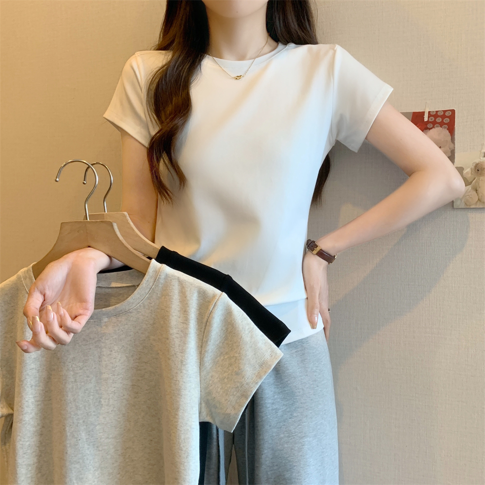 實拍  40支純棉210克92棉/8氨綸短袖T恤女純色顯瘦