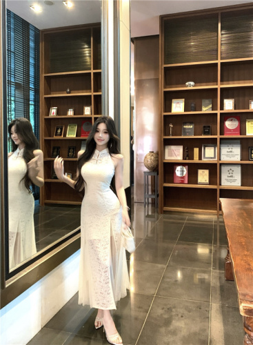 实拍~中式国风长裙夏收腰显瘦温柔气质白月光旗袍鱼尾连衣裙