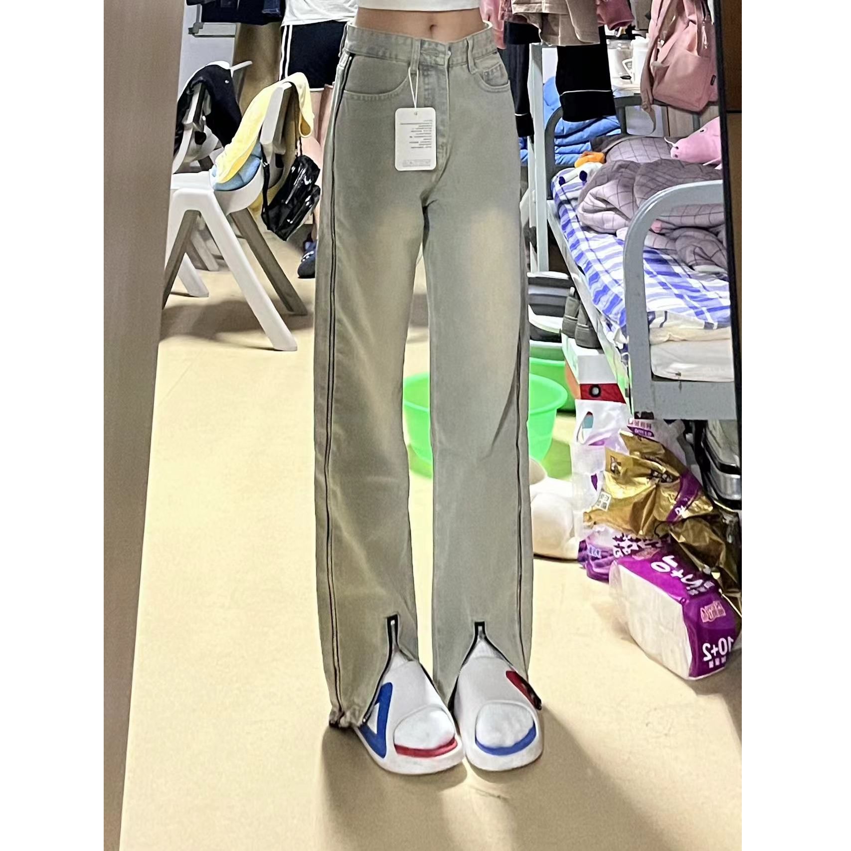 高街拉鏈開叉牛仔褲女秋季新款復古做舊洋氣寬鬆顯瘦直筒闊腿長褲