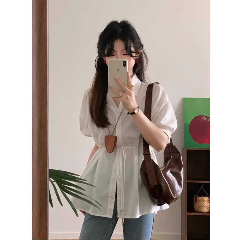 白色v領襯衫女夏季新款掐腰設計感短袖襯衣