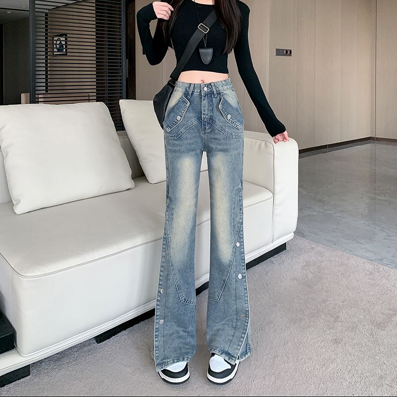 實拍 美式復古微喇叭排扣開叉牛仔褲女設計感高腰顯瘦拖地褲