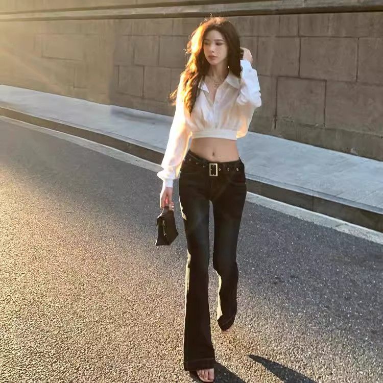 美式復古深藍辣妹氣質款簡約顯瘦低腰牛仔褲女2025早春彈力長褲子