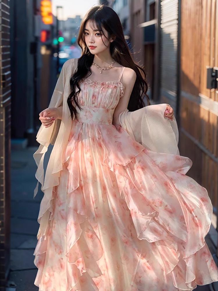 Smudge printed fairy-like lace temperament waist-hugging ruffle-edged suspender skirt for women in summer fairy long skirt cardigan two-piece set