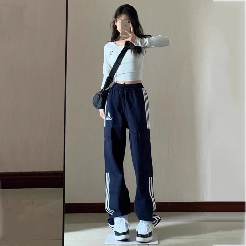 全滌和純棉  美式高街條紋工裝褲女秋寬鬆休閒運動褲子女