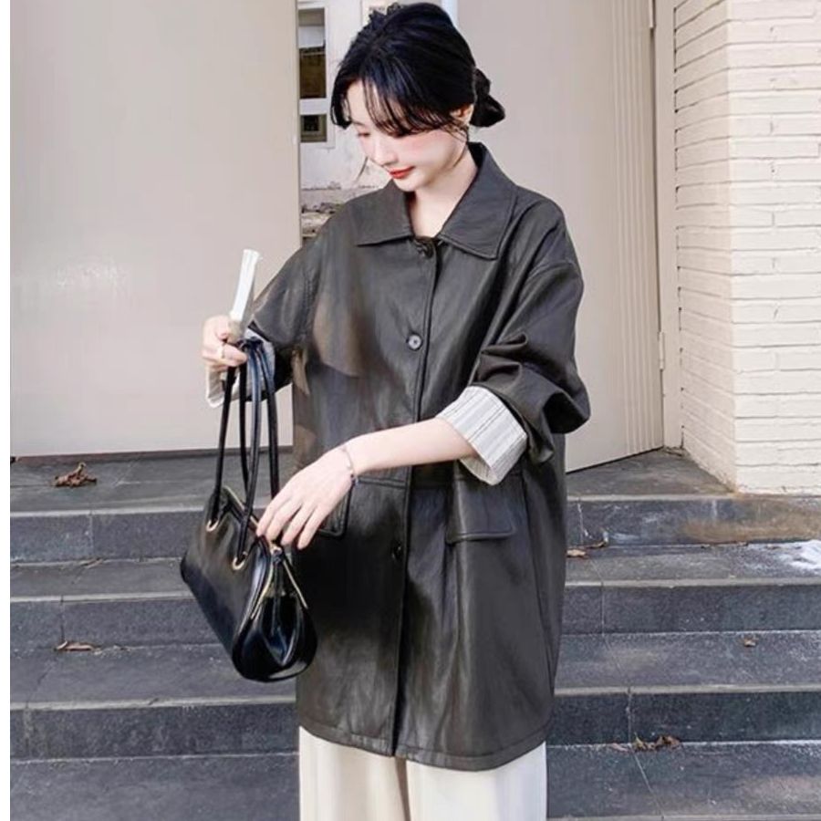 Women's 2025 Spring New American Retro Distressed Leather Peacoat Medium-Length Jacket Motorcyclist Style PU Leather Jacket