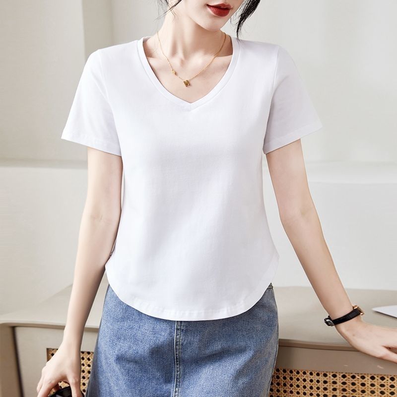 t恤女短袖v領小衫純棉上衣服中青年30女裝40歲媽媽裝夏天體恤弧形