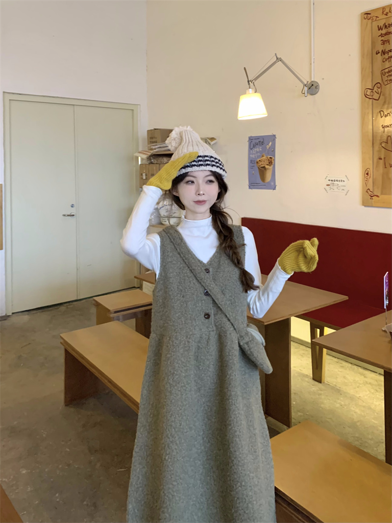 實拍 寬鬆顯瘦羊裙呢背心裙+長袖打底衫三件套帶包包