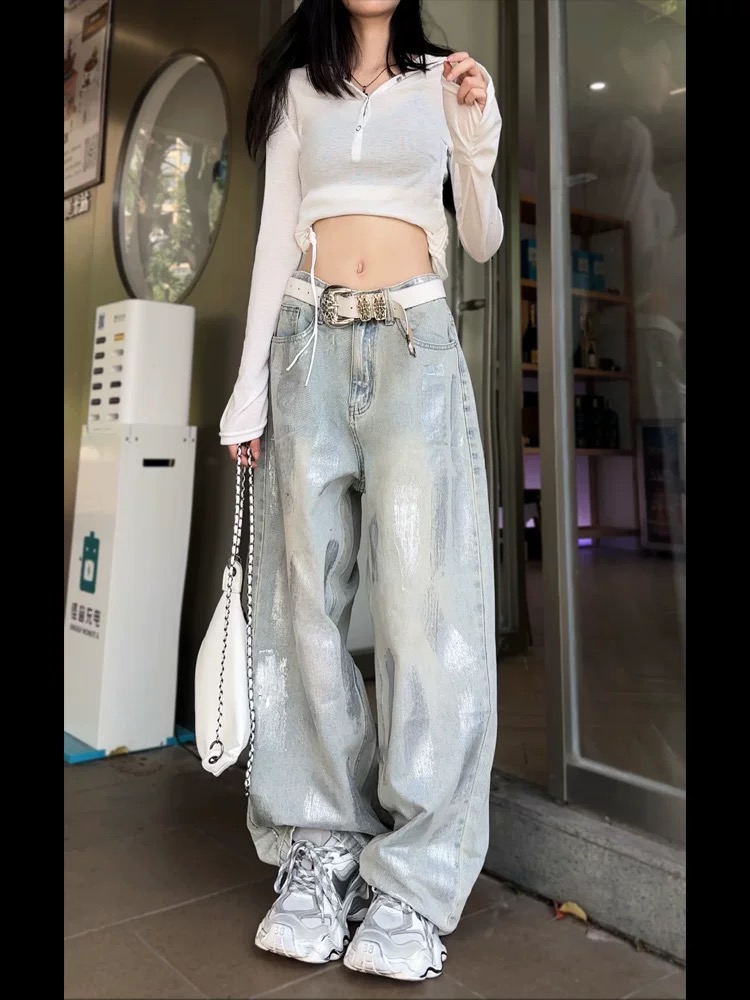 美式復古燙銀闊腿牛仔褲女高街辣妹設計感垂感寬鬆顯瘦直筒拖地褲