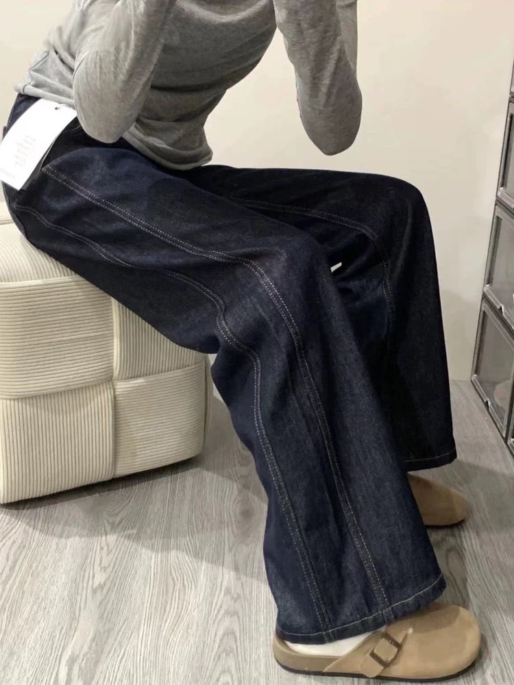 深藍色闊腿牛仔褲女春季新款高腰顯瘦慵懶風丹寧原色直筒拖地褲子
