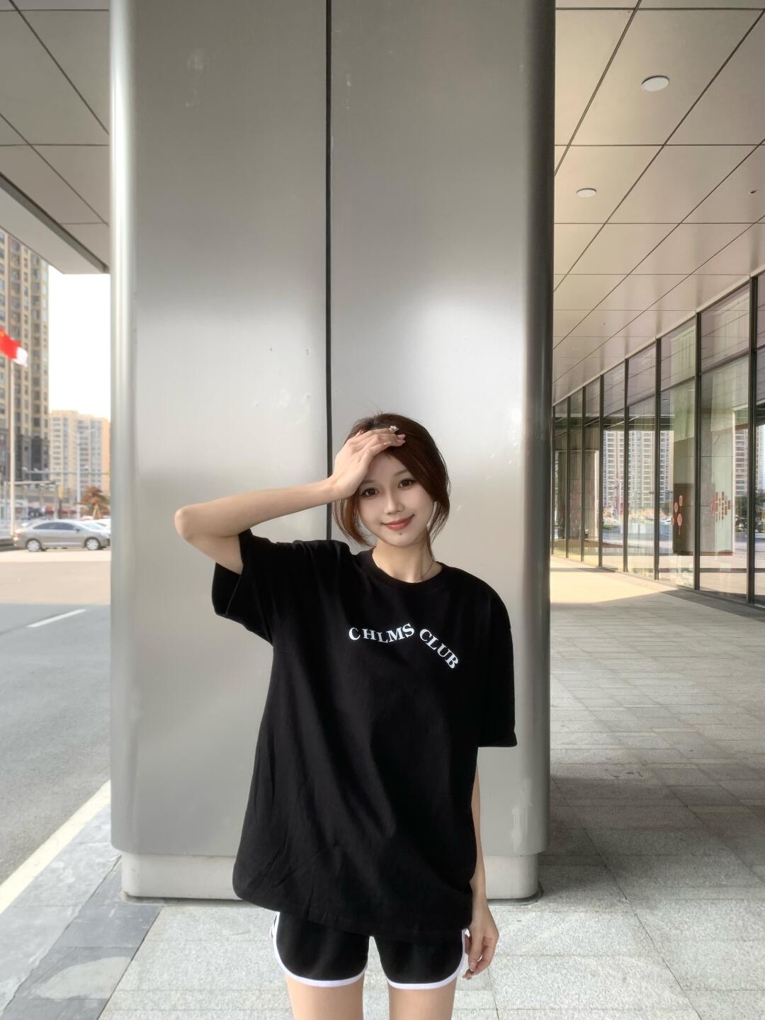 High-quality pure cotton 200g combed tight 100% cotton live broadcast same product front printed loose short-sleeved T-shirt for women