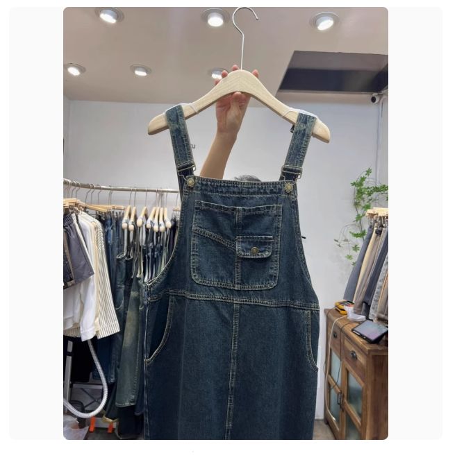 中長款復古毛邊連衣裙女春秋新款高腰顯瘦開叉工裝牛仔背帶裙