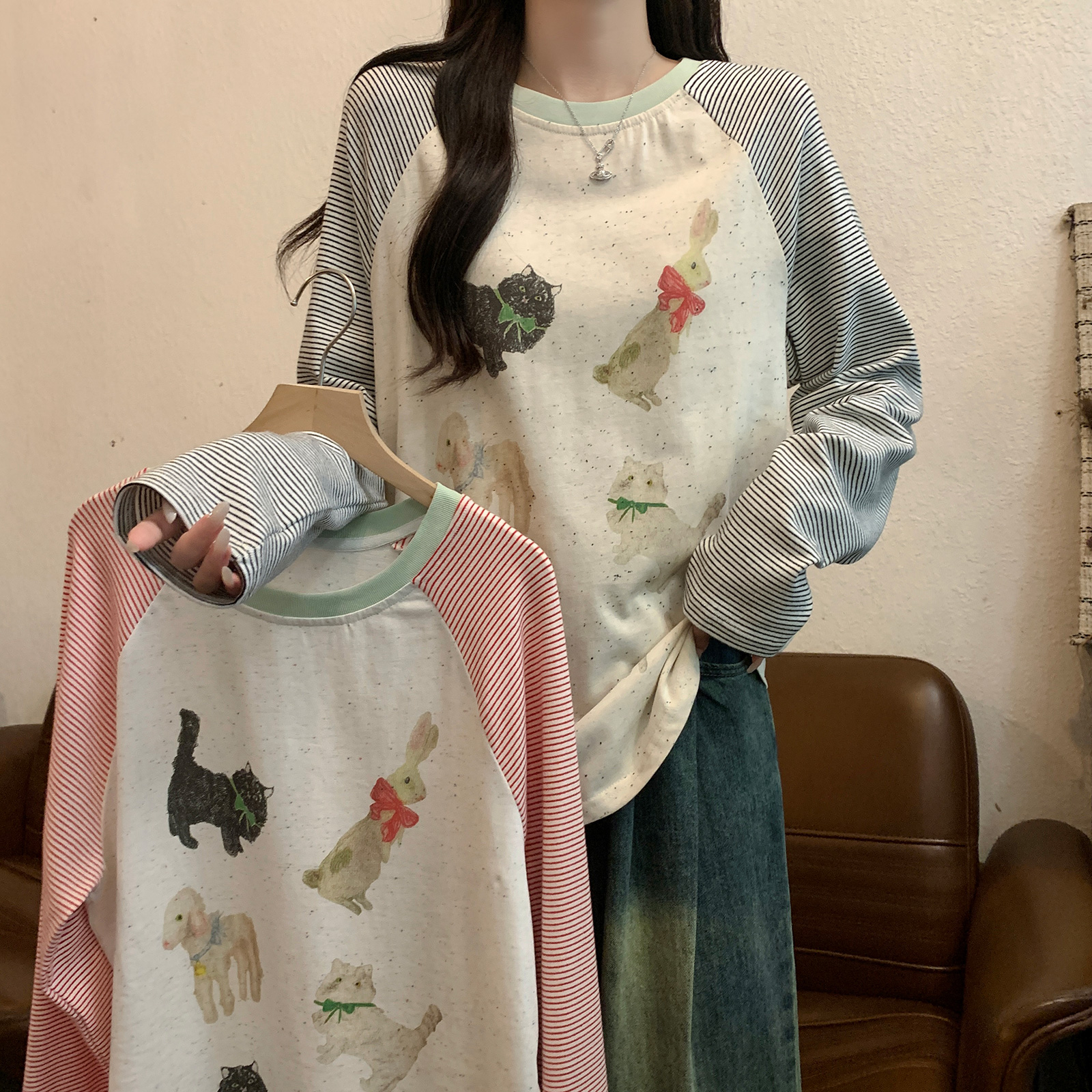 實拍長袖t恤女薄款2025早春新款潮插肩袖條紋設計感印花圓領上衣