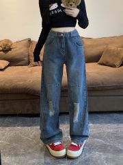 實拍！！！美式高街ins復古破洞牛仔褲子直筒褲寬鬆闊腿褲女