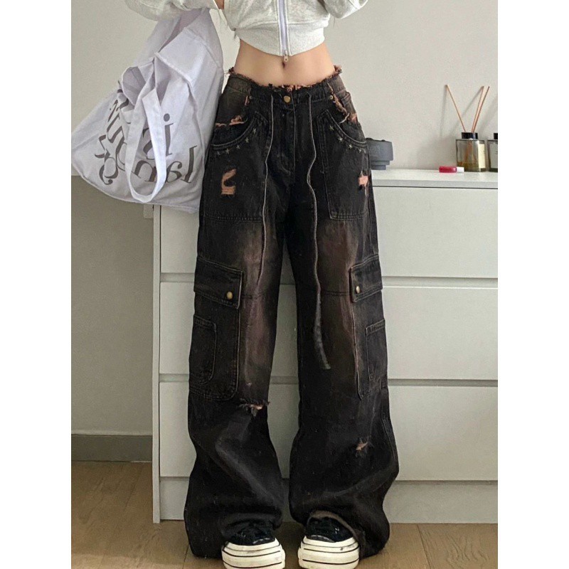 毛邊黑粉潮流牛仔褲女百搭新款美式高街復古高腰寬鬆直筒闊腿韓版