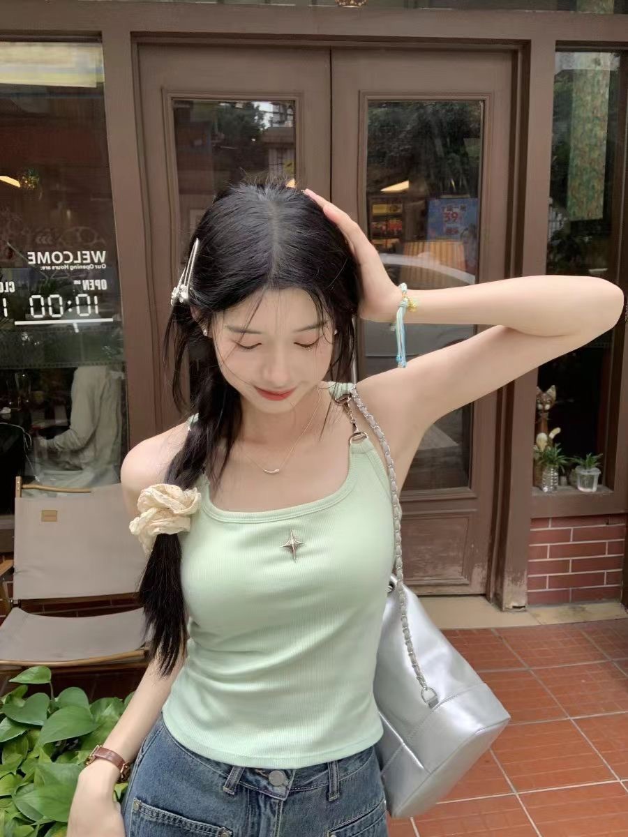 人棉2×2帶胸墊薄荷綠外穿吊帶背心女設計感小眾短上衣