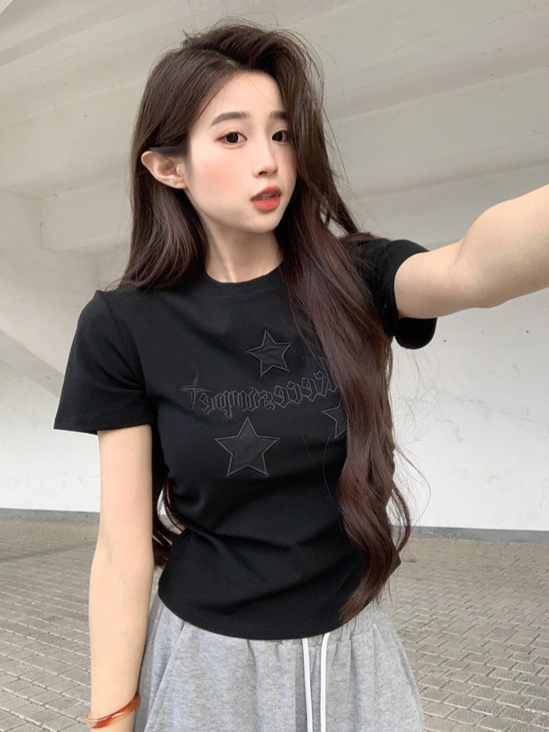 實拍1*1螺紋210克短袖t恤夏2025潮刺繡正肩修身短款圓領上衣女裝