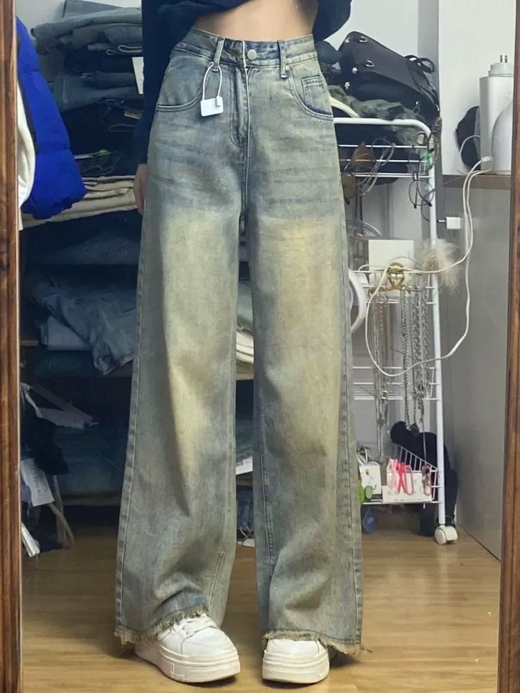 150 small Hong Kong style retro old rosy wide-leg jeans for women with high waist slim loose straight-leg trousers