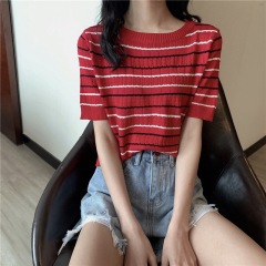 條紋冰絲針織衫t恤女短袖2025年新款夏半袖顯瘦高腰短款上衣ins潮