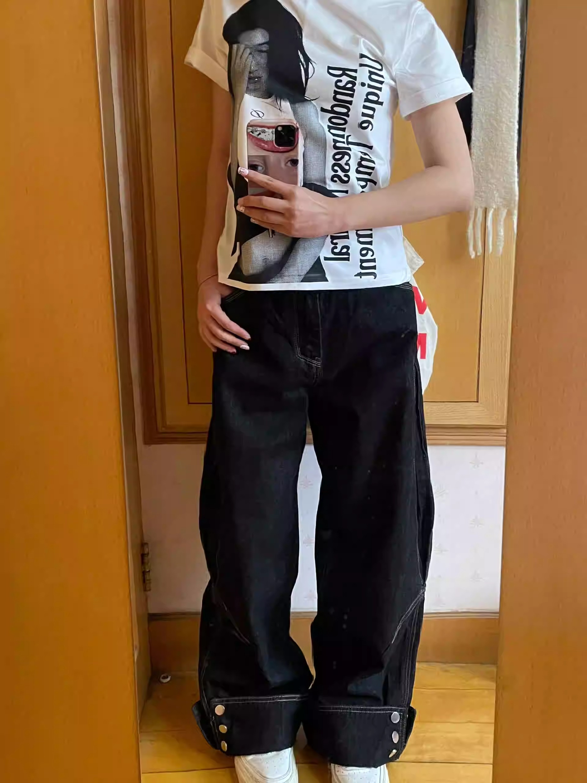 2025新款高腰翻邊闊腿牛仔褲女美式復古高街設計感寬鬆顯瘦直筒褲