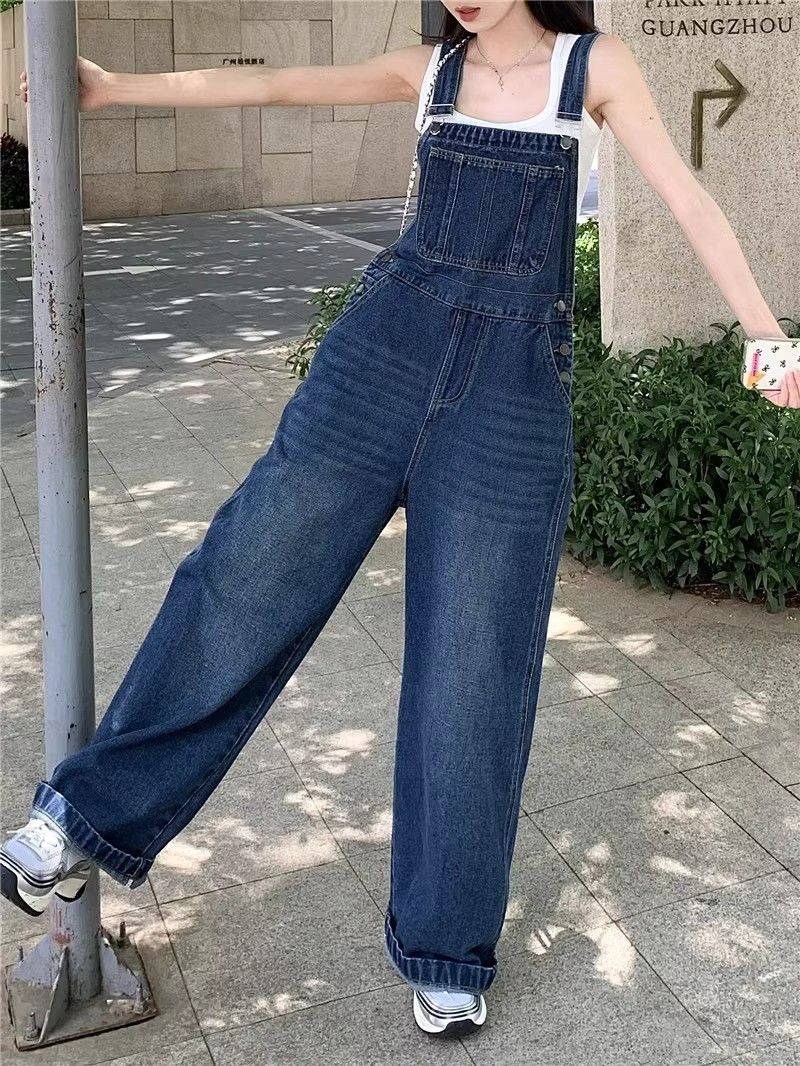 嬉皮少女復古藍牛仔背帶褲女早春新款寬鬆設計感直筒闊腿褲子