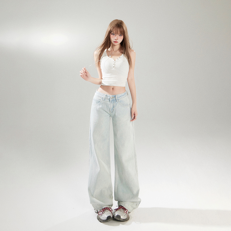 Real shot of American retro low waist hot girl loose wide-leg pants spring and summer versatile straight jeans for women & trousers extended