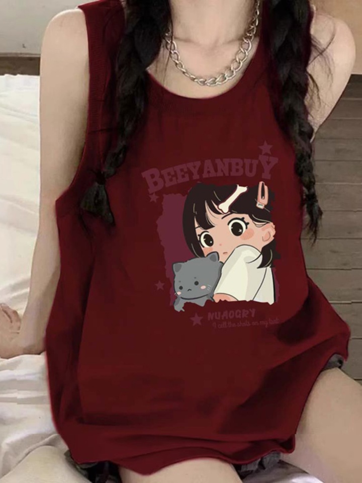 High-quality pure cotton 200g 21 combed tight thread collar method printed loose vest suspender T-shirt for women