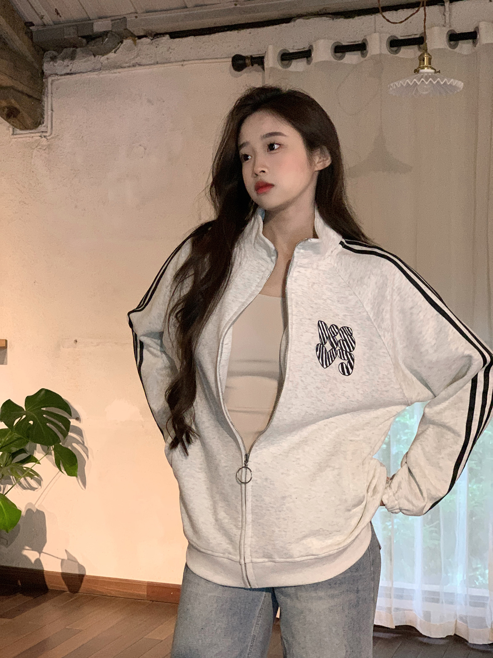 實拍衛衣男女情侶裝春秋薄款2025設計感趣味印花條紋立領韓版上衣