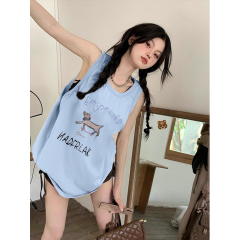 High-quality pure cotton 200g 21 combed tight thread collar method printed loose vest suspender T-shirt for women