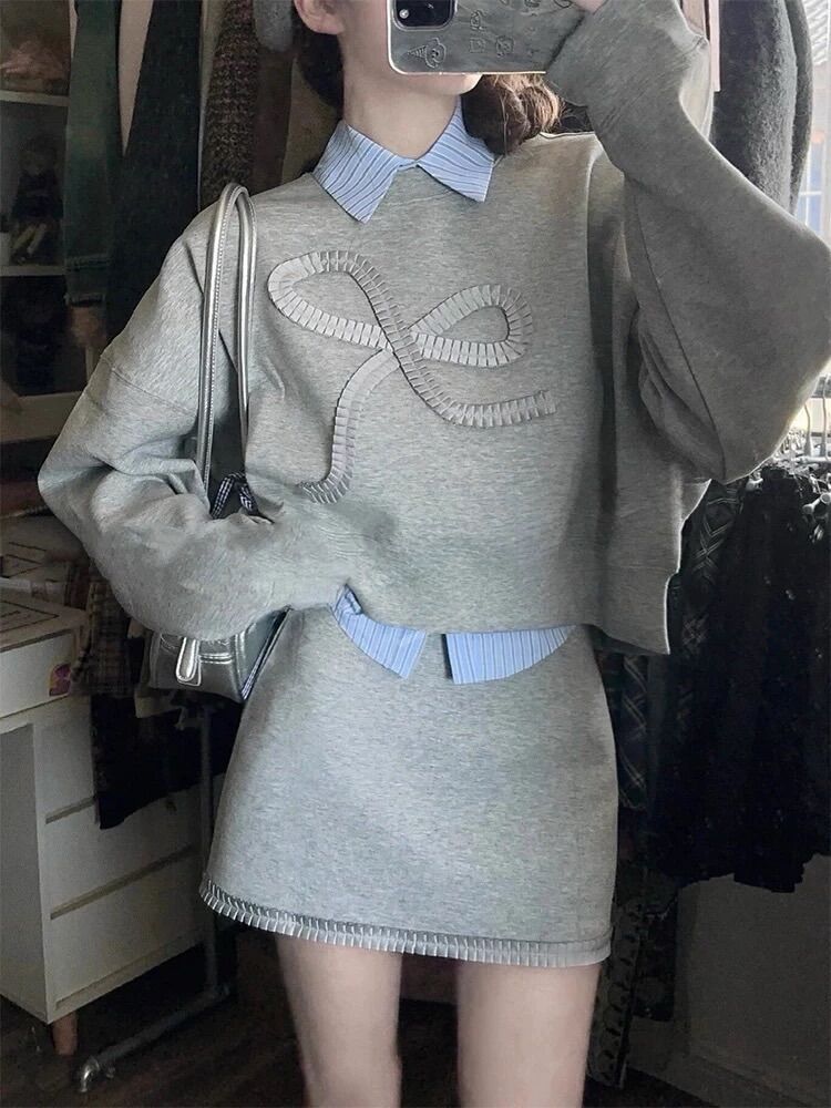 慵懶風寬鬆衛衣女春秋內搭襯衫設計感短款上衣小個子半裙三件套裝