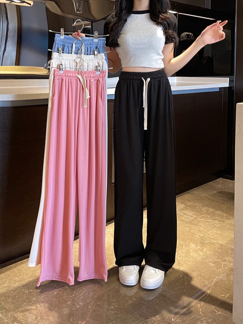 實拍 冰絲闊腿褲女腰垂感夏季寬鬆直筒休閒褲