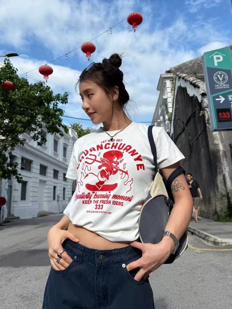 High-quality pure cotton 210g 40 pieces Odale 92 cotton 8 spandex printed hot girl slim short-sleeved T-shirt for women