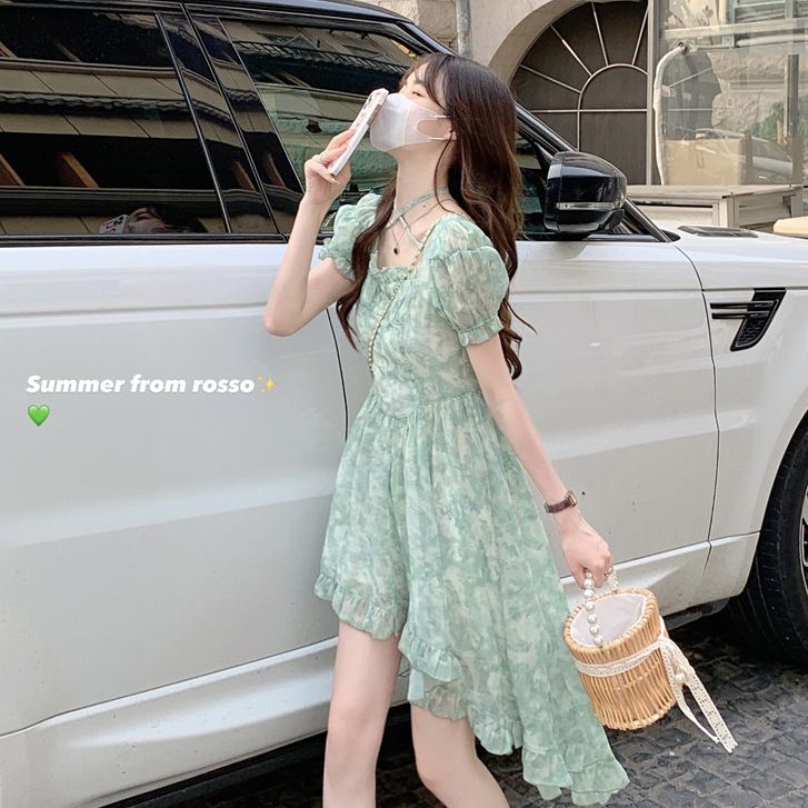 2025夏季新款雪紡面料溫柔風碎花連衣裙女茶歇裙不規則a字裙