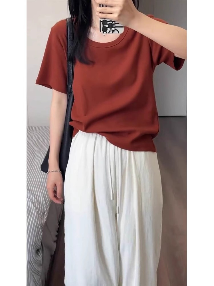 純棉正肩U領酒紅色短袖t恤女夏設計感小眾寬鬆顯瘦氣質港味上衣潮