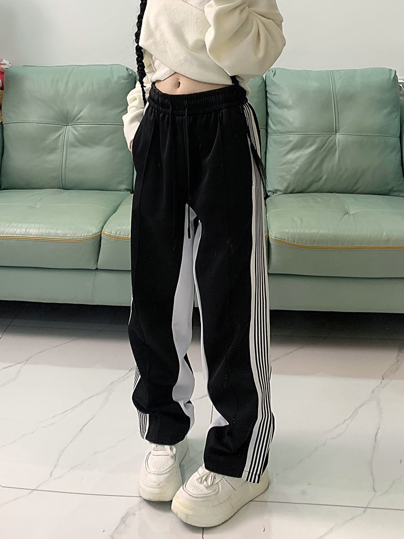 實拍 華棉  春季黑白美式側邊條紋休閒褲高腰直筒運動褲