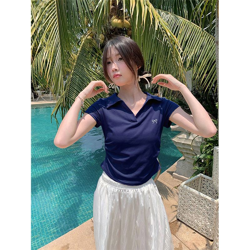 Official picture 210g pure cotton thread polo collar waist-closing front shoulder short-sleeved T-shirt for women's summer short top