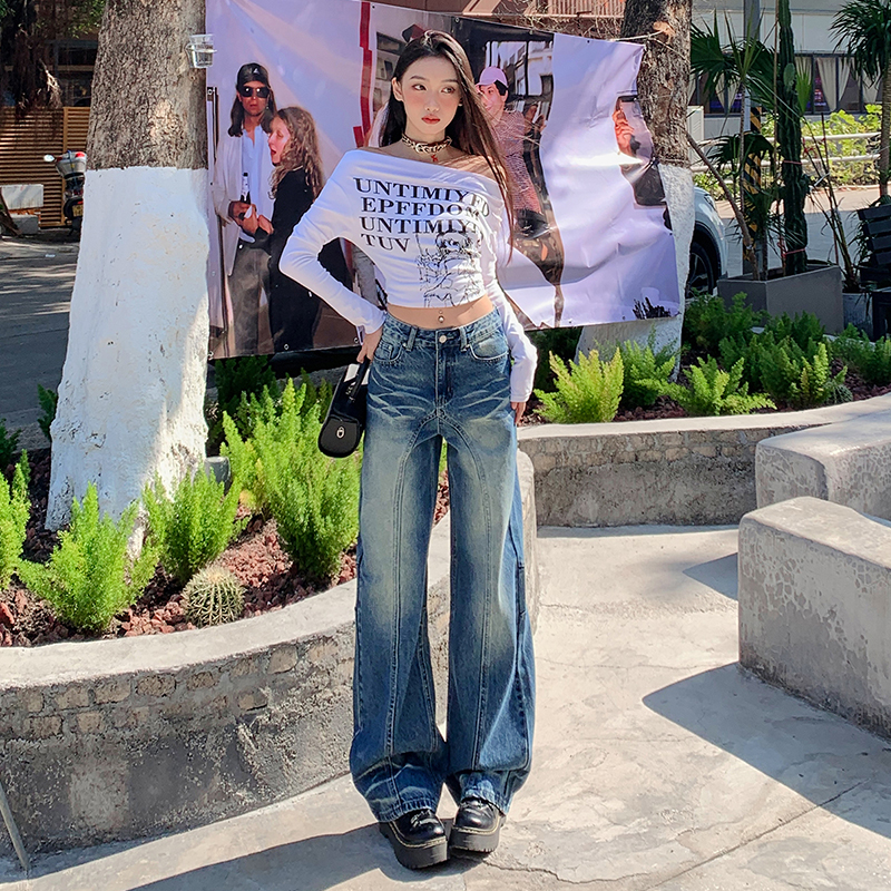 Real-life American scimitar straight jeans for women 2025 spring new high-waist loose wide-leg floor trousers