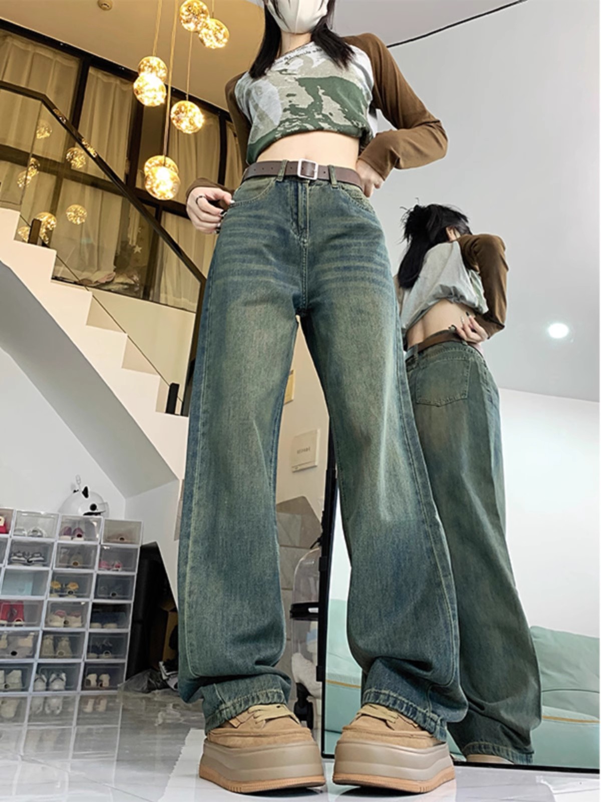 水泥灰直筒牛仔褲女秋冬季新款顯瘦拖地復古做舊加絨寬鬆闊腿褲子