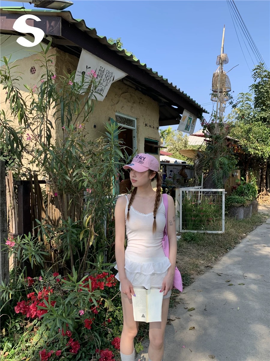 Sleep at 11 芭蕾風甜酷少女花邊領拼接雙層格紋紗裙修身吊帶背心