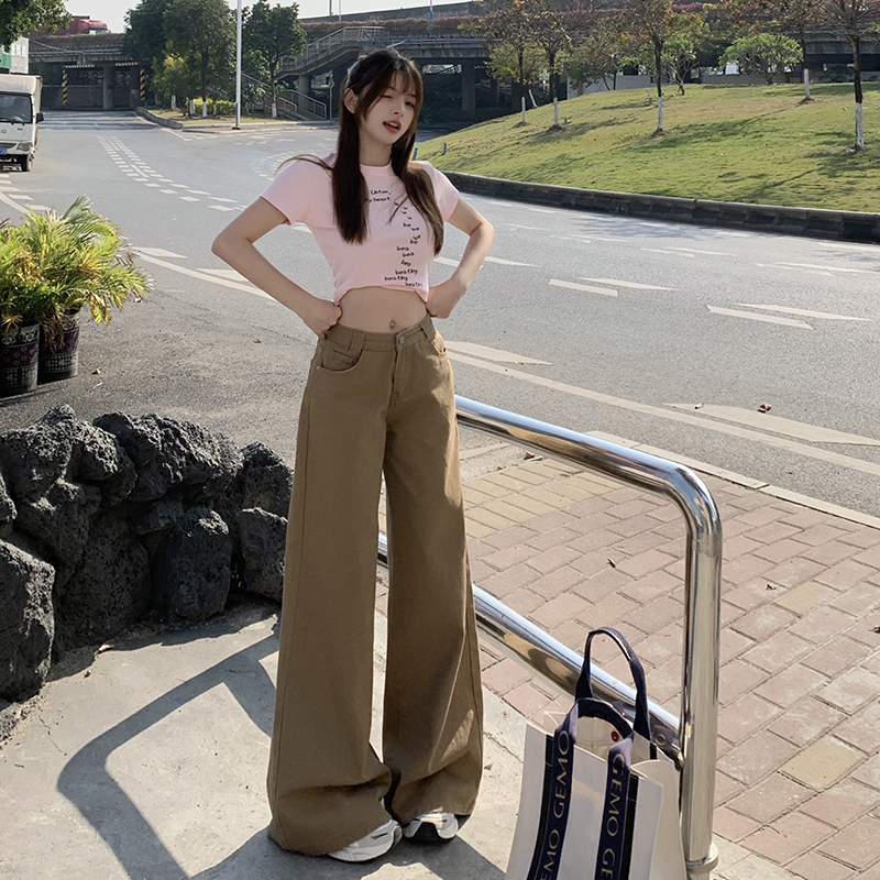 Real shot 2025 three-length niche high-end latte brown solid color loose wide-leg mid-waist floor jeans