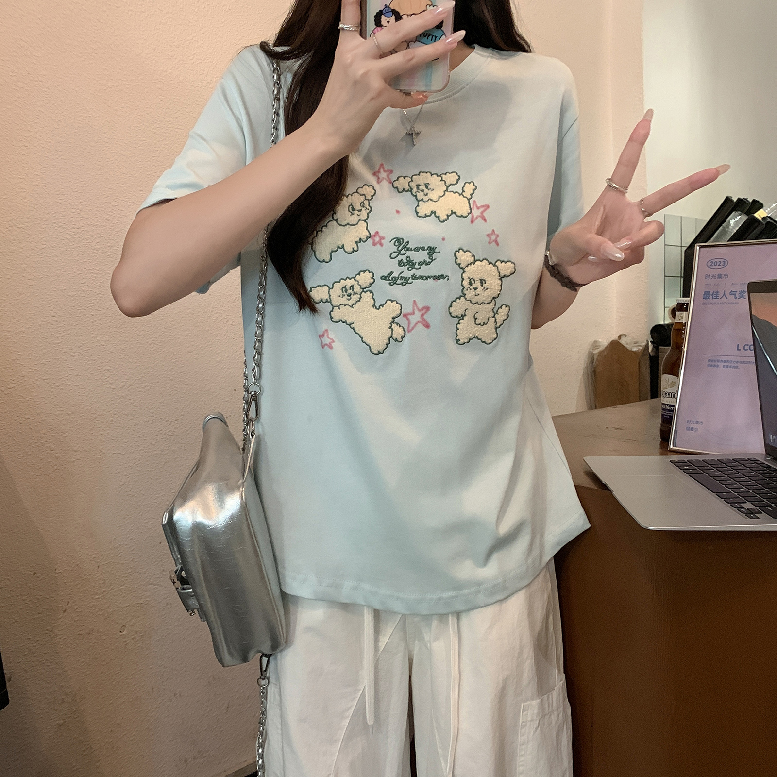實拍21支純棉短袖t恤夏2025潮刺繡正肩修身短款圓領上衣韓版女裝